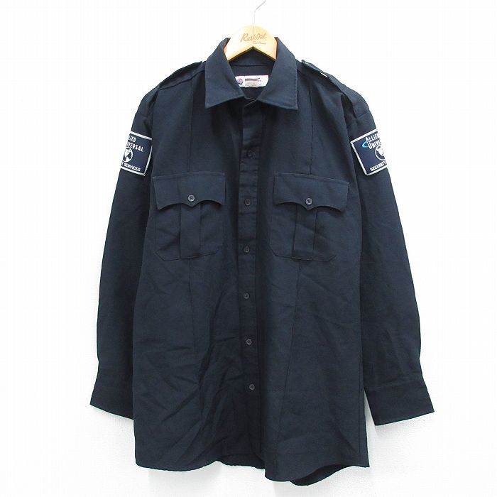 XL★古着 長袖 ワーク シャツ メンズ セキュリティ ロング丈 黒 ブラック 25sep19 中古 トップス