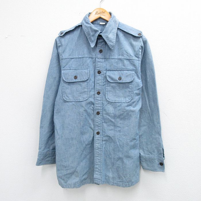 M★古着 長袖 ワーク シャツ メンズ 薄紺 ネイビー 25sep19 中古 トップス
