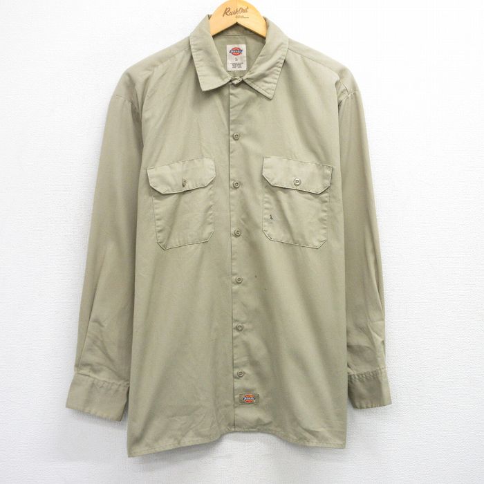 XL★古着 ディッキーズ Dickies 長袖 ワーク シャツ メンズ ベージュ カーキ 25oct02 中古 トップス