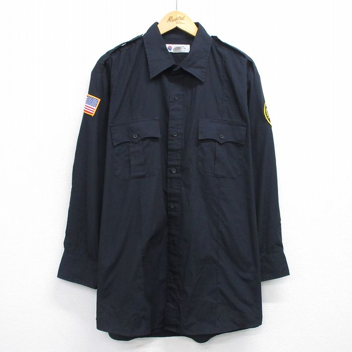 XL★古着 長袖 ワーク シャツ メンズ ポリス 大きいサイズ ロング丈 黒 ブラック 25oct02 中古 トップス