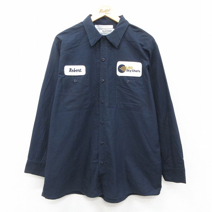 XL★古着 Wear Guard 長袖 ワーク シャツ メンズ 90年代 90s ワッペン 大きいサイズ ロング丈 USA製 紺 ネイビー 25oct11 中古 トップス