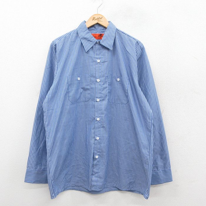 XL★古着 レッドキャップ 長袖 ワーク シャツ メンズ 00年代 00s ロング丈 薄紺他 ネイビー ストライプ 【spe】 25oct11 中古 トップス