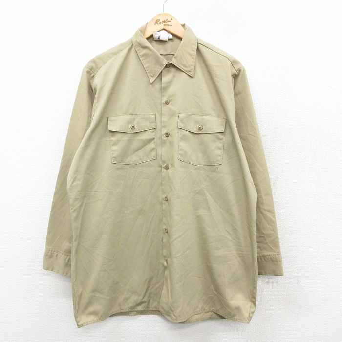 XL★古着 ディッキーズ Dickies 長袖 ワーク シャツ メンズ 90年代 90s　ロング丈 USA製 ベージュ カーキ 25oct11 中古 トップス