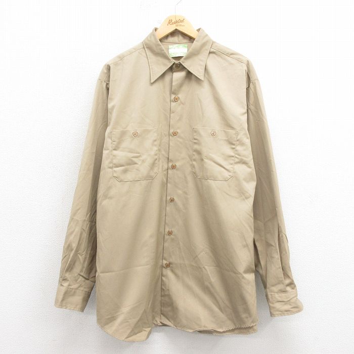 XL★古着 長袖 ワーク シャツ メンズ 80年代 80s 大きいサイズ ロング丈 ベージュ カーキ 25oct23 中古 トップス