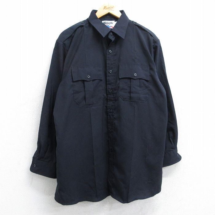 XL★古着 ブラウアー Blauer 長袖 ワーク シャツ メンズ 90年代 90s 大きいサイズ ロング丈 濃紺 ネイビー 25oct27 中古 トップス