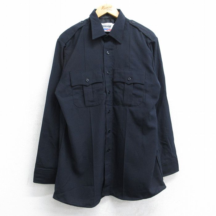 L★古着 ブラウアー Blauer 長袖 ワーク シャツ メンズ 90年代 90s ロング丈 USA製 濃紺 ネイビー 25oct27 中古 トップス