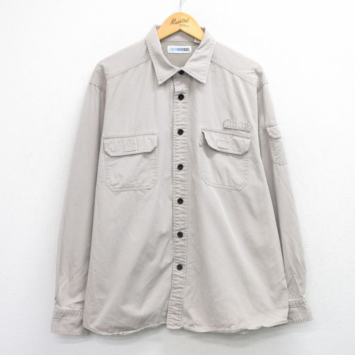 XL★古着 長袖 フィッシング シャツ メンズ 大きいサイズ コットン グレー 25nov15