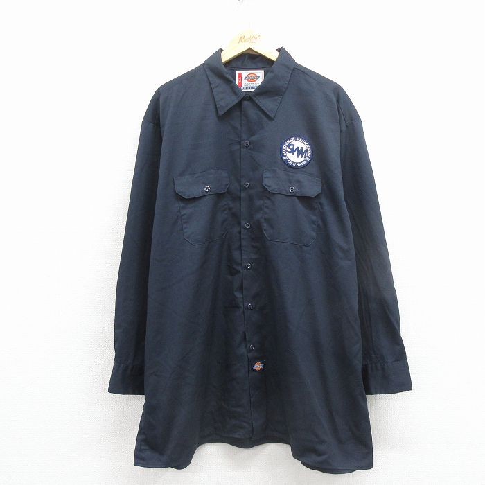 XL★古着 ディッキーズ 長袖 ワーク シャツ メンズ SWM 大きいサイズ ロング丈 紺 25dec10