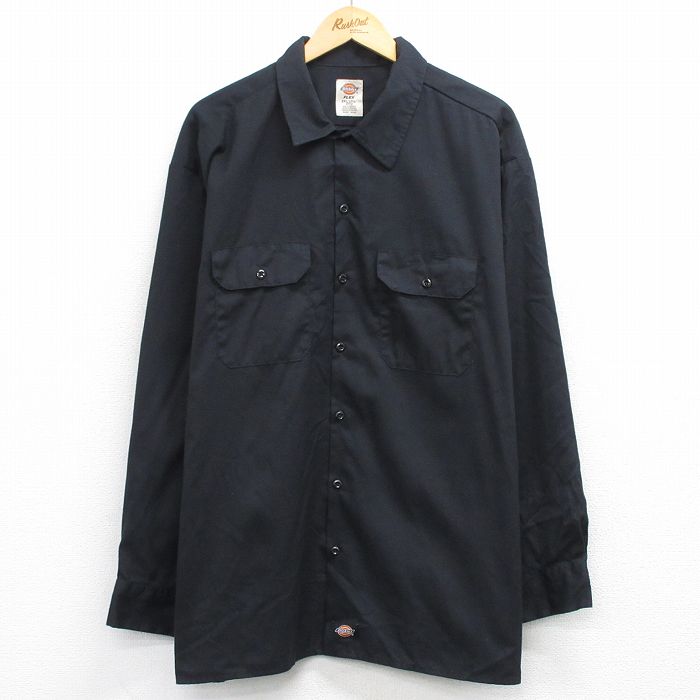 XL★古着 ディッキーズ 長袖 ワーク シャツ メンズ 大きいサイズ ロング丈 黒 26feb25