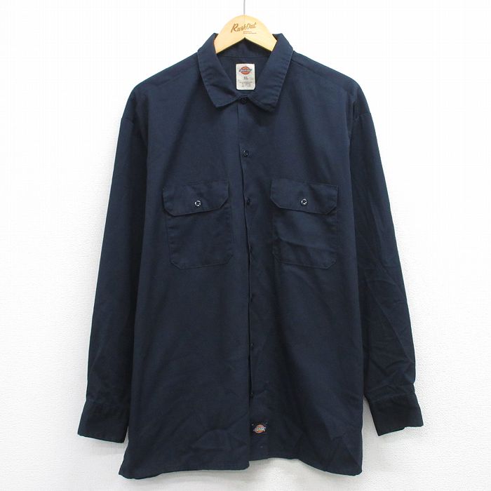 XL★古着 ディッキーズ 長袖 ワーク シャツ メンズ 大きいサイズ 濃紺 26feb25