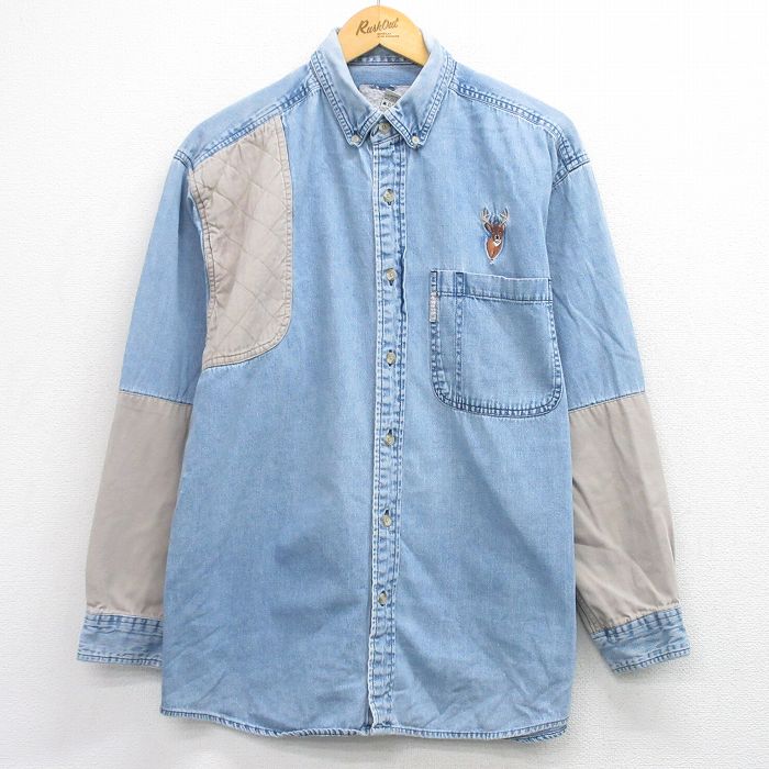 XL★古着 長袖 ハンティング シャツ メンズ シカ ツートンカラー 薄紺 デニム他【spe】 26feb25