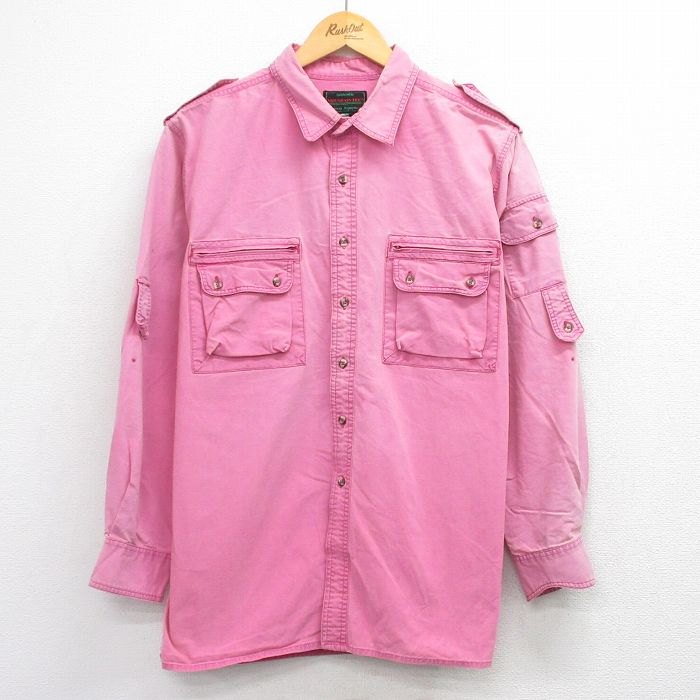 XL★古着 長袖 サファリ シャツ メンズ 90年代 90s 大きいサイズ コットン ピンク 26feb25