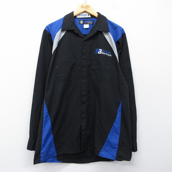XL★古着 長袖 ワーク シャツ メンズ Pearse Bertram ロング丈 黒他 26feb26