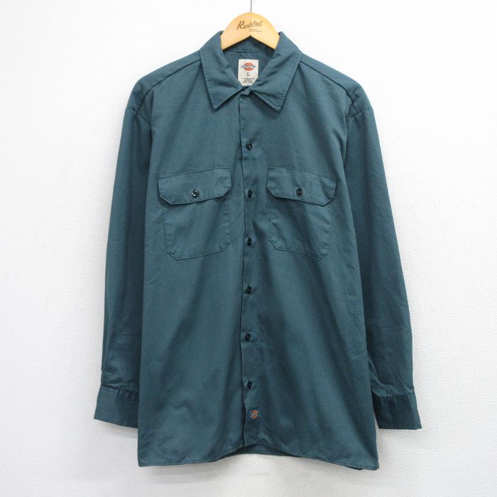 XL★古着 ディッキーズ 長袖 ワーク シャツ メンズ 緑系 26mar14