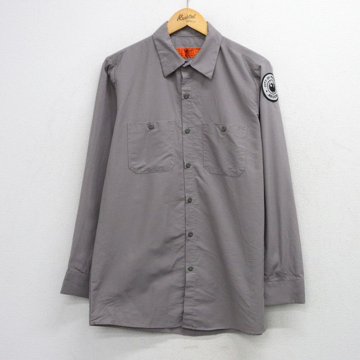 L★古着 レッドキャップ 長袖 ワーク シャツ メンズ ARIZONA ロング丈 グレー系 26mar14