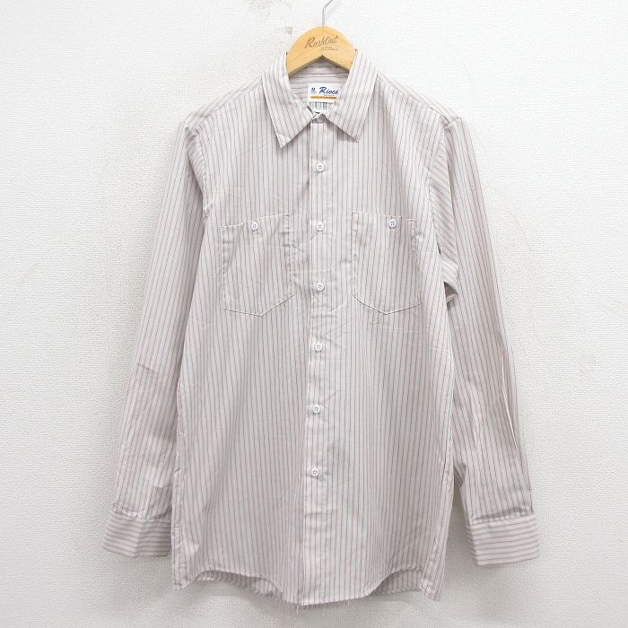 L★古着 長袖 ワーク シャツ メンズ 90年代 90s USA製 グレー他 ストライプ 26mar18