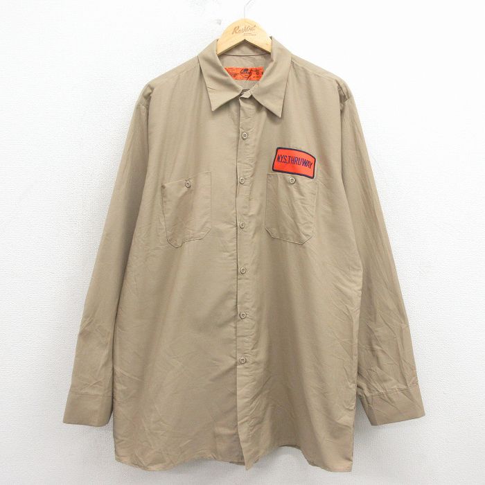 XL★古着 レッドキャップ 長袖 ワーク シャツ メンズ 00年代 00s THRUWAY 大きいサイズ ロング丈 ベージュ 26mar18