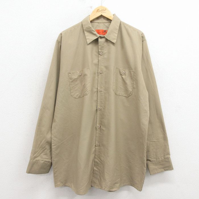 XL★古着 レッドキャップ 長袖 ワーク シャツ メンズ 00年代 00s 大きいサイズ ロング丈 ベージュ 26mar18