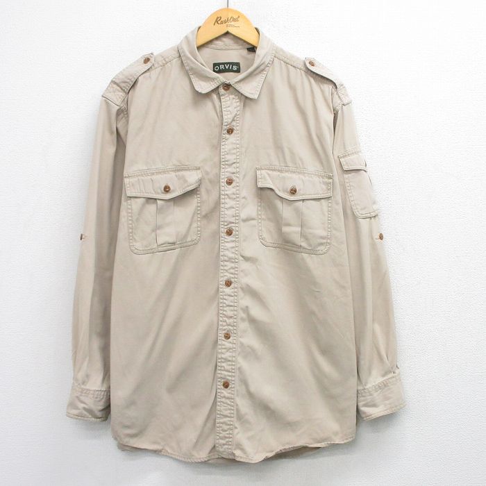 XL★古着 オービス 長袖 ワーク シャツ メンズ ロング丈 コットン ベージュ 26mar27