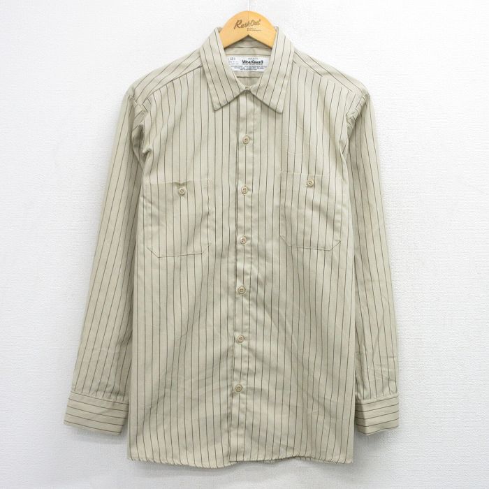 XL★古着 Wear Guard 長袖 ワーク シャツ メンズ 90年代 90s USA製 ベージュ他 ストライプ 26mar27