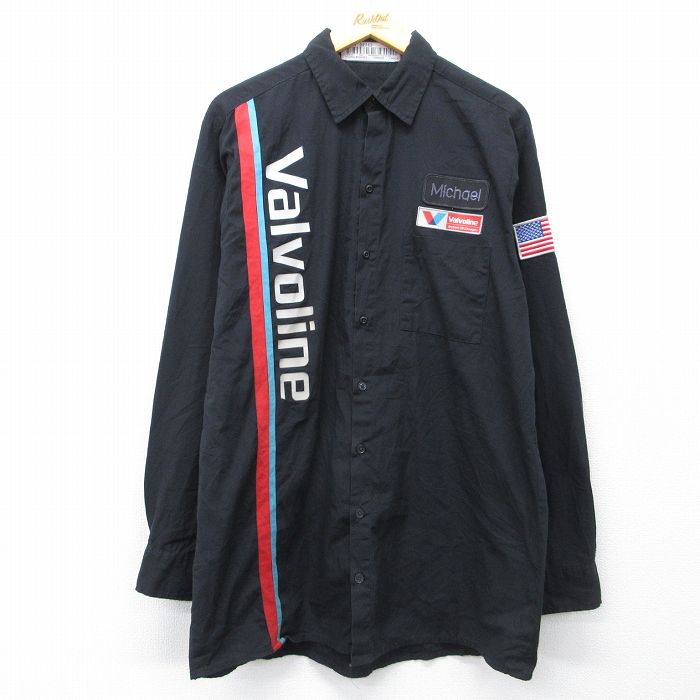 XL★古着 CINTAS 長袖 ワーク シャツ メンズ Valvoline ロング丈 黒 26apr02