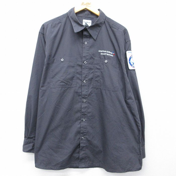 XL★古着 Wear Guard 長袖 ワーク シャツ メンズ 00年代 00s American Airlines 大きいサイズ ロング丈 濃グレー 26apr02
