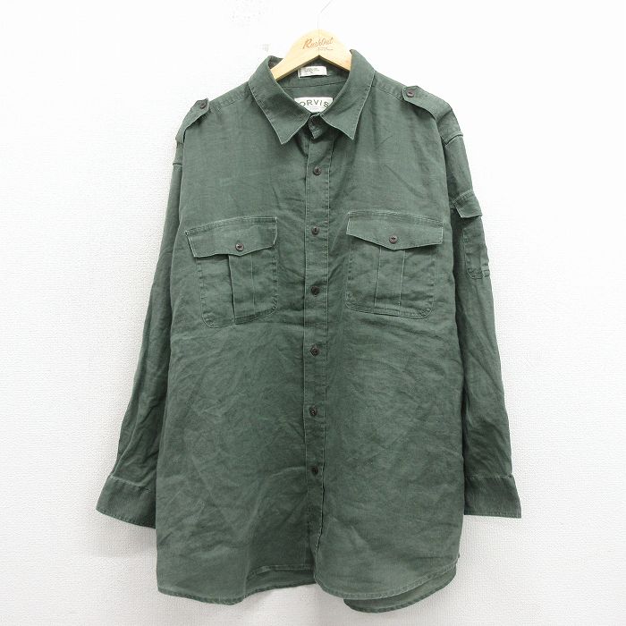 XL★古着 オービス 長袖 ワーク シャツ メンズ 大きいサイズ リネン 緑 26apr15