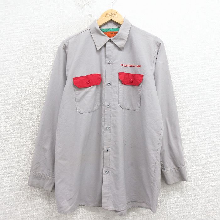 L★古着 レッドキャップ 長袖 ワーク シャツ メンズ 90年代 90s ポルシェ USA製 グレー 26apr15