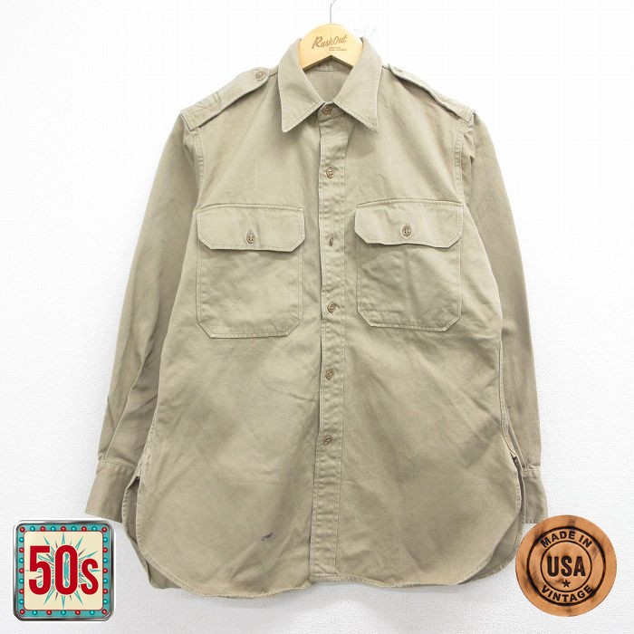 50s マチ付きミリタリーシャツ ベージュ メンズM相当 | 古着