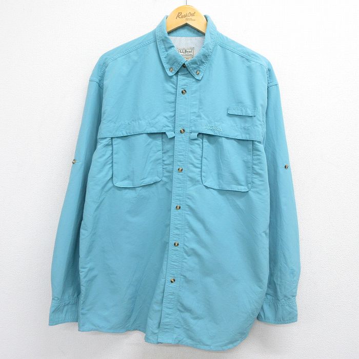 エルエルビーン 00s 長袖フィッシングシャツ ワンポイントロゴ ライトブルー XL | 古着