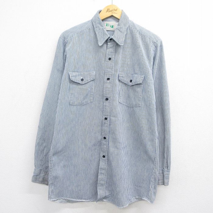 キー 90s 長袖ワークシャツ ストライプ ネイビー L | 古着