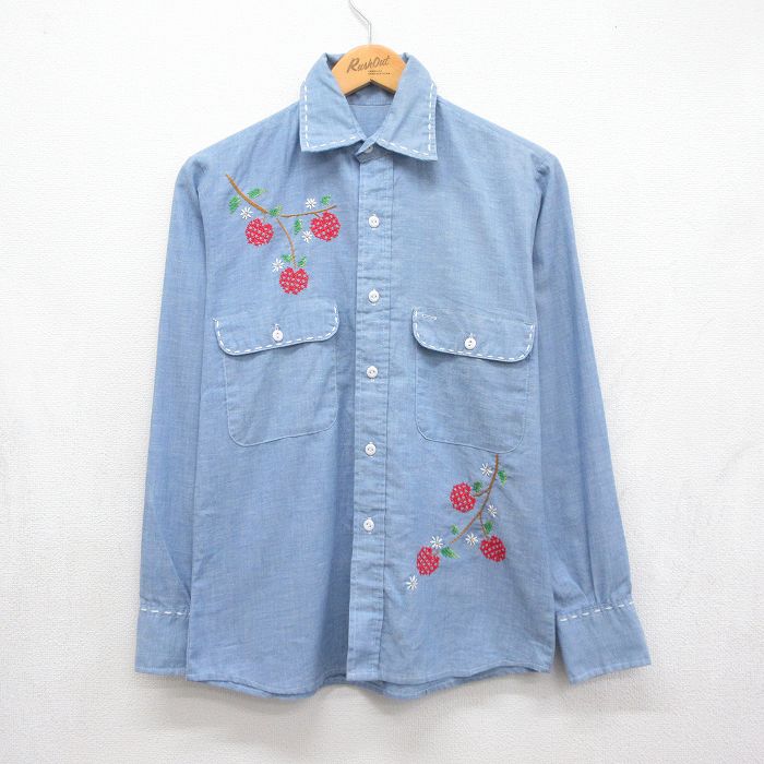 70s 長袖シャンブレーシャツ 刺繍 ライトブルー メンズS相当 | 古着