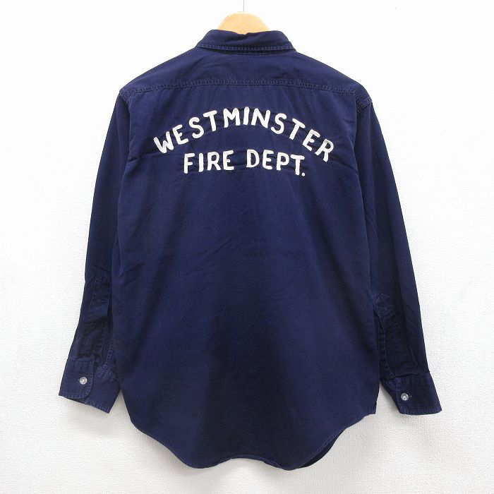 L★古着 長袖 ワーク シャツ メンズ 80年代 80s WESTMINSTER チェーンステッチ刺繍 ネイビー 26aug10