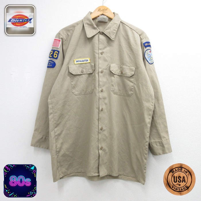 ディッキーズ 80s 長袖シャツ オクラホマワッペン ベージュ メンズL相当 | 古着
