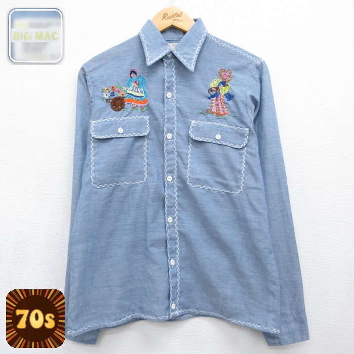ビッグマック 70s 長袖シャツ メキシカン刺繍 ブルー メンズM相当 | 古着