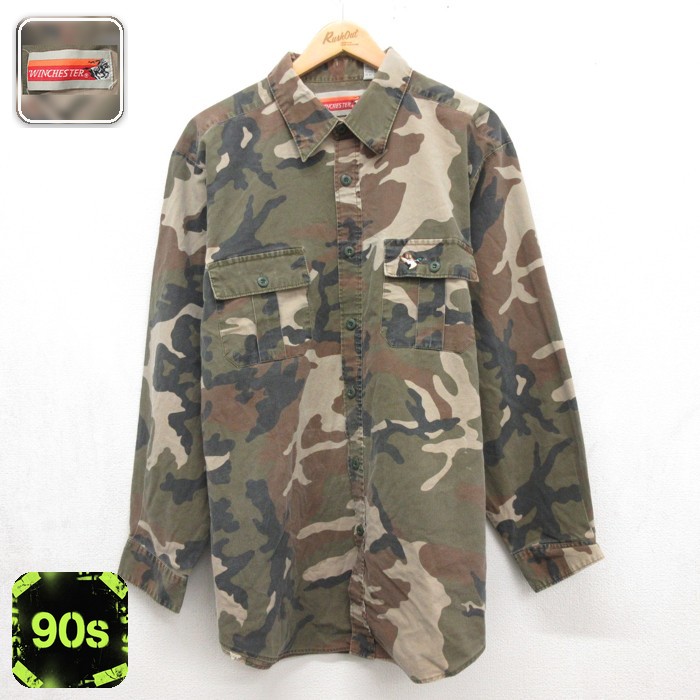 WINCHESTER 長袖 シャツ 90s ロング フラップポケット コットン カーキ 迷彩 メンズXL相当 | 古着
