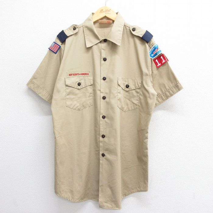 【50%OFF】XL★古着 半袖 ボーイスカウト シャツ メンズ 80年代 80s ロング丈 USA製 ベージュ カーキ 24may28 中古 トップス