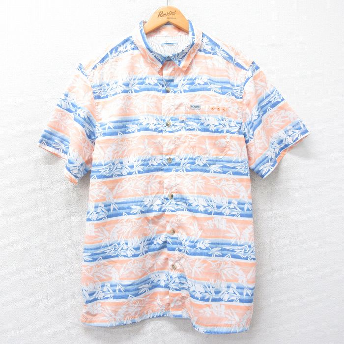 L★古着 コロンビア COLUMBIA 半袖 フィッシング シャツ メンズ PFG 葉 オレンジ他 内側メッシュ 25apr05 中古 トップス