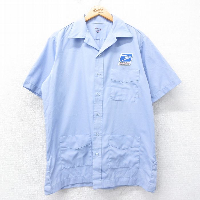 L★古着 半袖 ワーク シャツ メンズ USPS 郵便局 開襟 オープンカラー USA製 薄紺 ネイビー 25apr05 中古 トップス