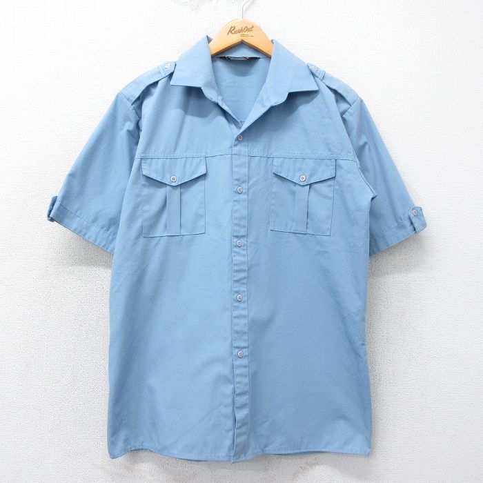 L★古着 半袖 ワーク シャツ メンズ 80年代 80s 開襟 オープンカラー 薄紺 ネイビー 25apr05 中古 トップス