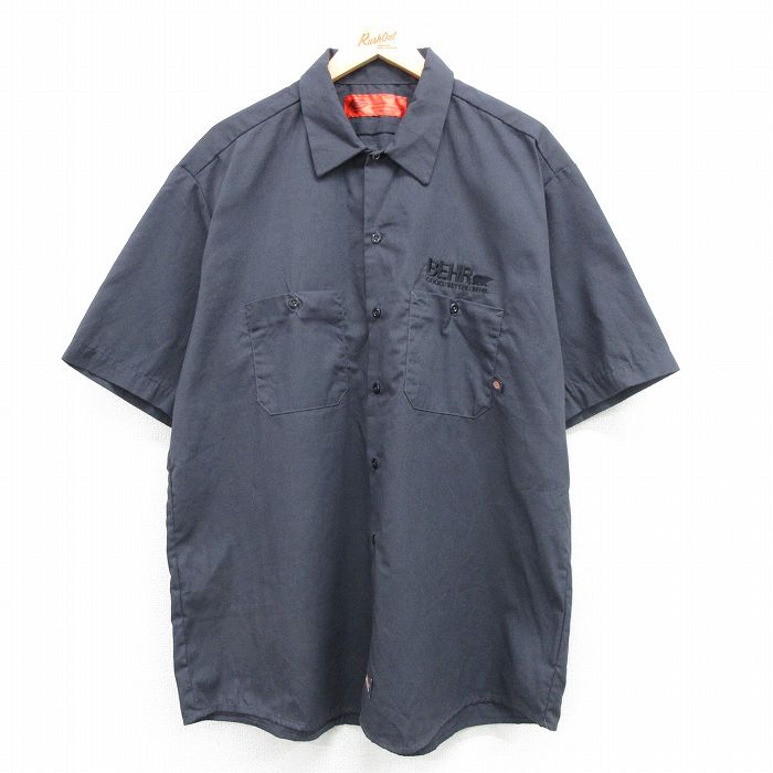 XL★古着 ディッキーズ Dickies 半袖 ワーク シャツ メンズ BEMR ロング丈 紺 ネイビー 25apr07 中古 トップス