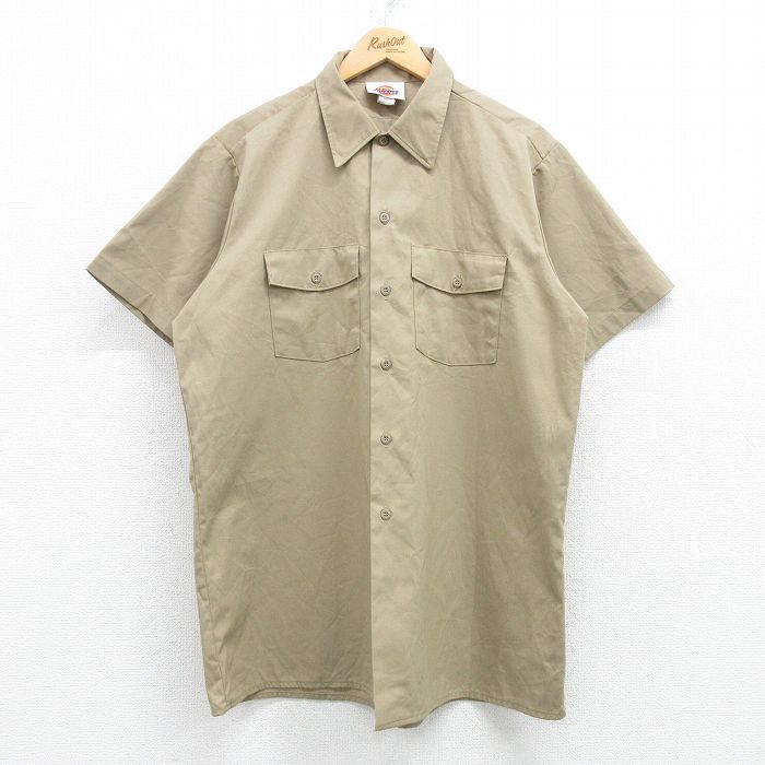 XL★古着 ディッキーズ Dickies 半袖 ワーク シャツ メンズ 90年代 90s ロング丈 USA製 ベージュ系 カーキ 25apr07 中古 トップス