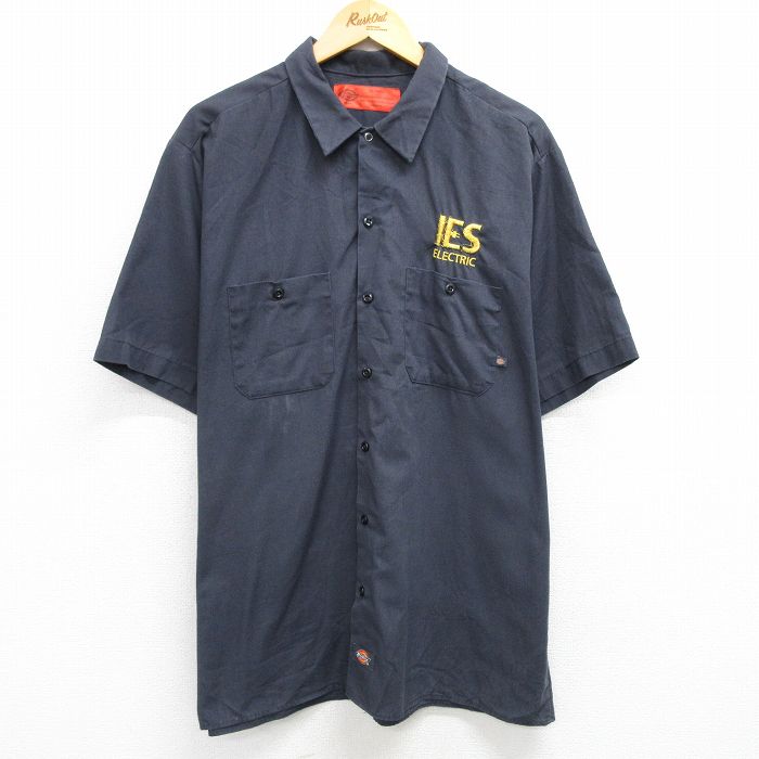 XL★古着 ディッキーズ Dickies 半袖 ワーク シャツ メンズ IES ELECTRIC 大きいサイズ ロング丈 濃グレー 25apr08 中古 トップス