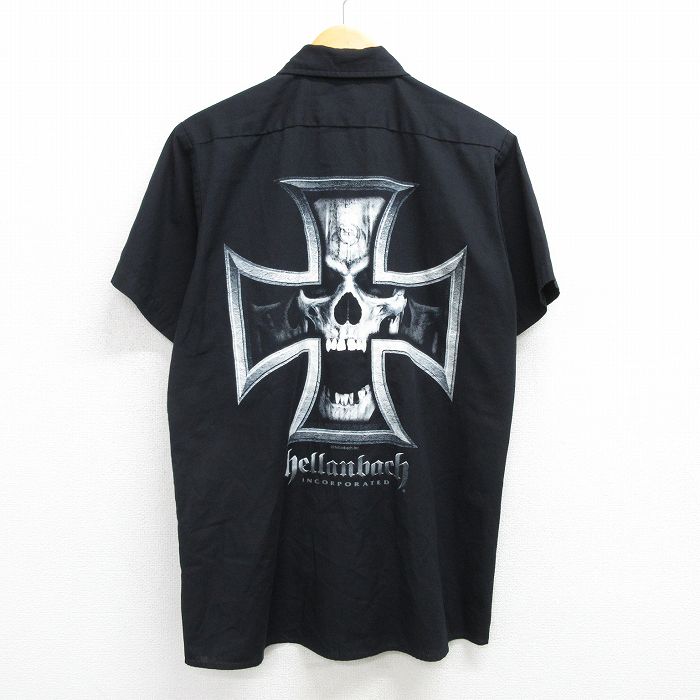 L★古着 ディッキーズ半袖 ワーク シャツ メンズ スカル hellanbach 黒 ブラック 【spe】 25apr08 中古 トップス