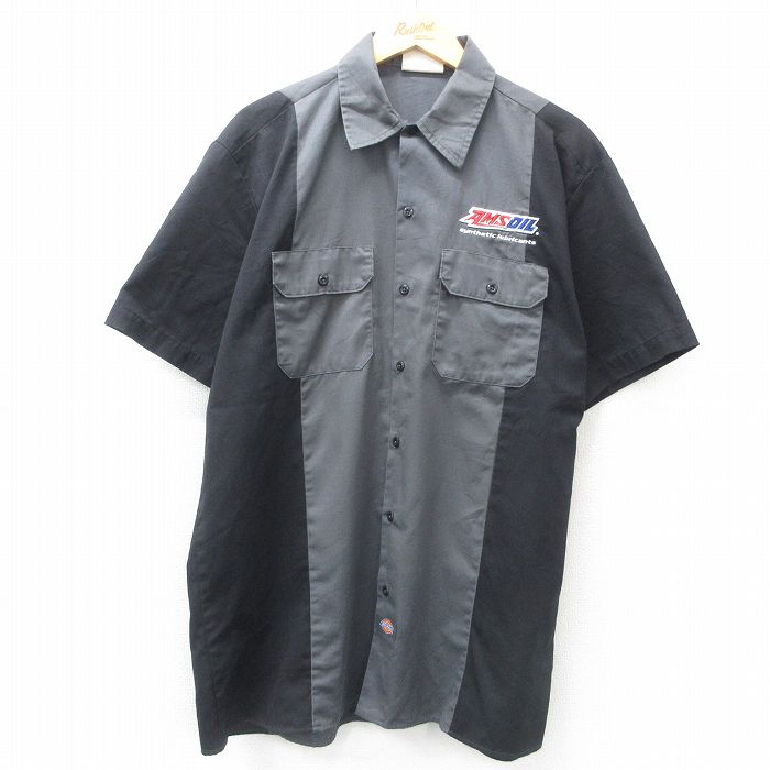 XL★古着 ディッキーズ Dickies 半袖 ワーク シャツ メンズ AMS OIL ツートンカラー ロング丈 グレー 25apr08 中古 トップス