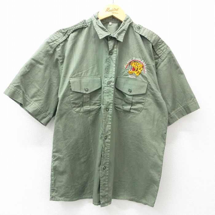 【50%OFF】L★古着 半袖 ワーク シャツ メンズ トラ ネパール 薄緑 グリーン 【spe】 25apr08 中古 トップス