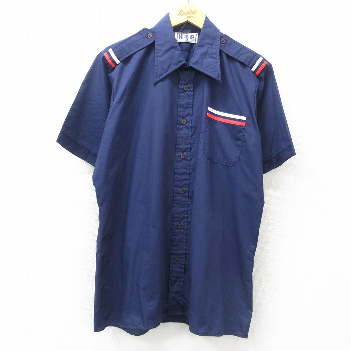 L★古着 半袖 ワーク シャツ メンズ 80年代 80s 濃紺 ネイビー 25apr08 中古 トップス