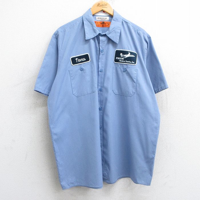 XL★古着 レッドキャップ 半袖 ワーク シャツ メンズ 00年代 00s 飛行機 大きいサイズ ロング丈 薄紺他 ネイビー ストライプ 25apr10 中古 トップス