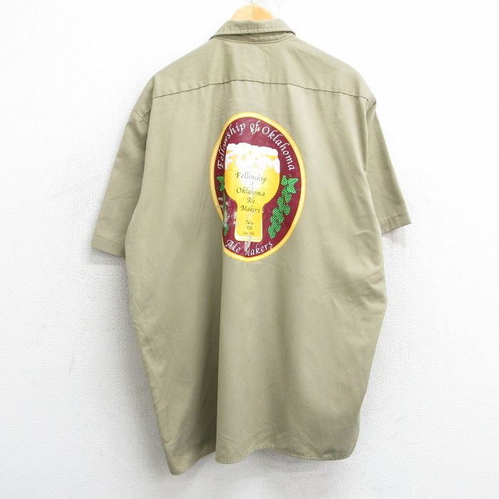 XL★古着 ディッキーズ Dickies 半袖 ワーク シャツ メンズ Fellowship of Oklahoma Ale Makers 大きいサイズ ロング丈 ベージュ カーキ 【spe】 25apr10 中古 トップス