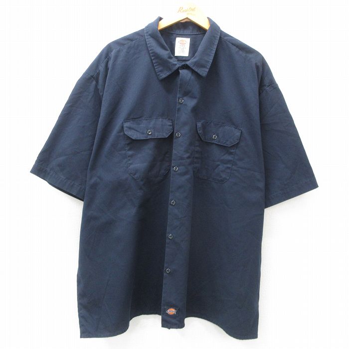 XL★古着 ディッキーズ Dickies 半袖 ワーク シャツ メンズ 大きいサイズ ロング丈 紺 ネイビー 25apr10 中古 トップス